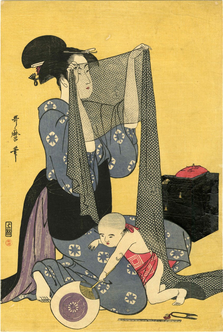 針仕事。 トリプティク、左部分、1795 年。 作： 北川歌ro