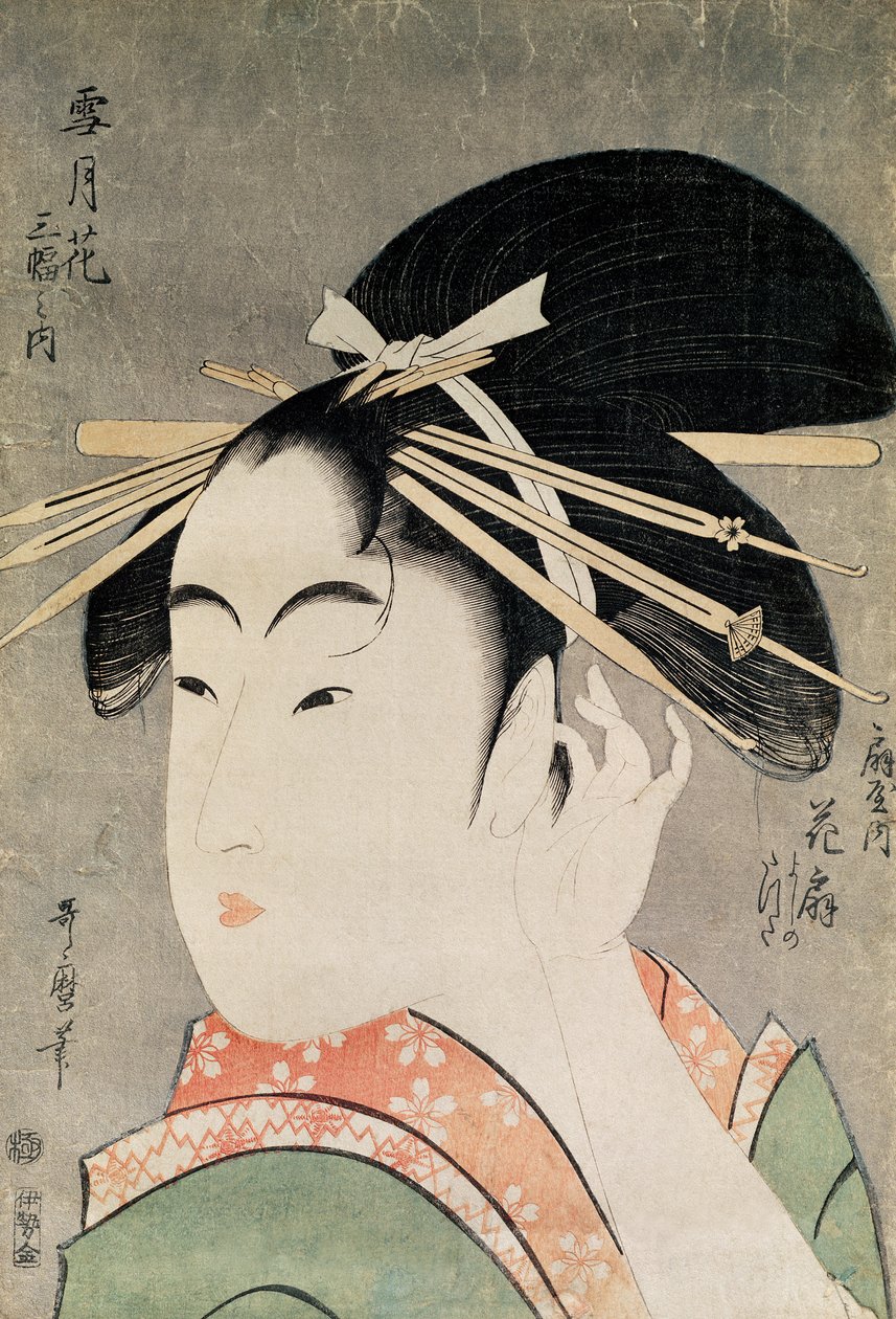 女性の頭（カラー木版画） 作： 北川歌ro