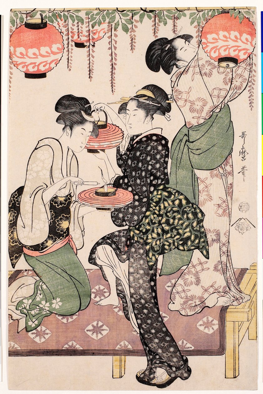 藤のエスパリエから提灯を吊るす日本の茶屋の若い女の子 - 喜多川歌麿 (1753-1806) による版画、1795年頃、リノカット - 藤のエスパリエの下の茶屋の少女 - 喜多川歌麿 (1753-1806) によるカラー リノカット、ca1 作： 北川歌ro