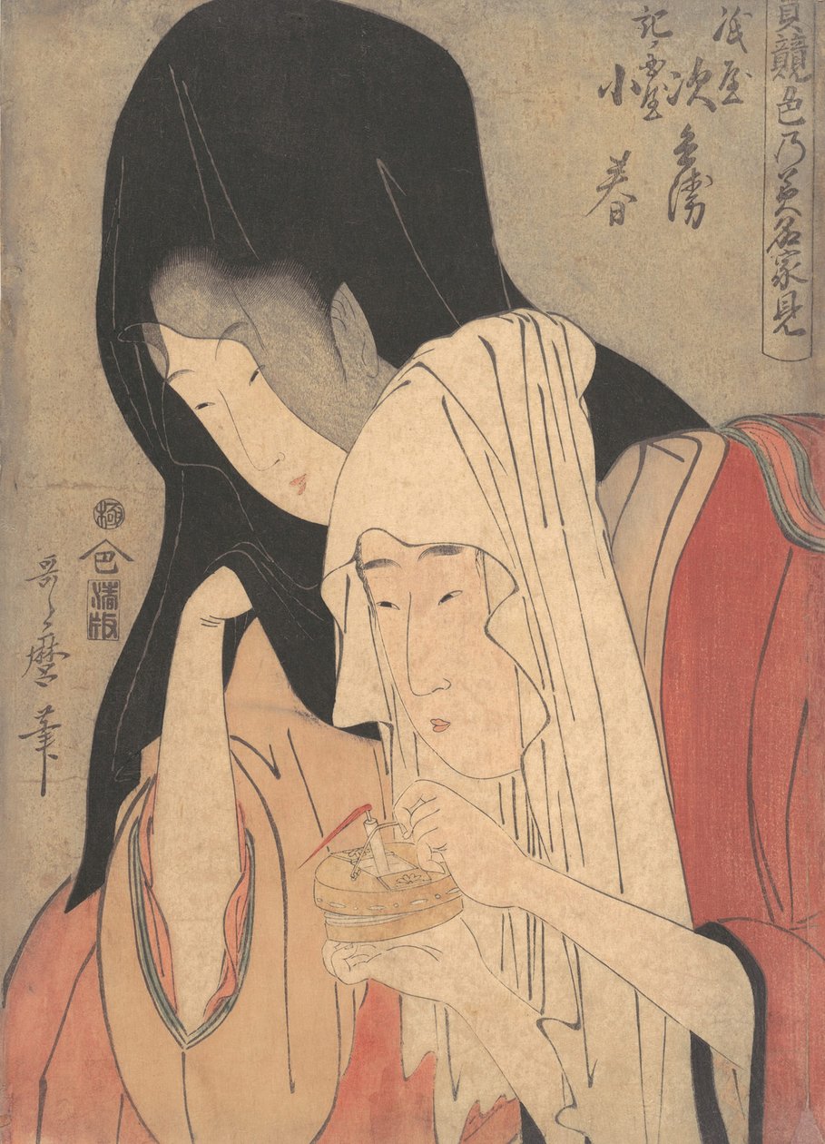 神谷の治兵衛が紀伊国屋の小春と駆け落ちする様子（1800年代前半 作： 北川歌ro