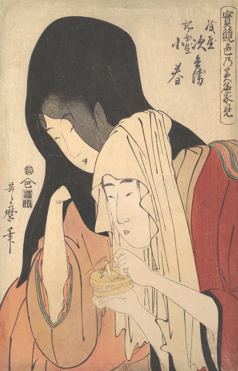 神谷治兵衛が紀伊国屋の芸者・小春と駆け落ちする場面（1798-99年頃）。 作： 北川歌ro