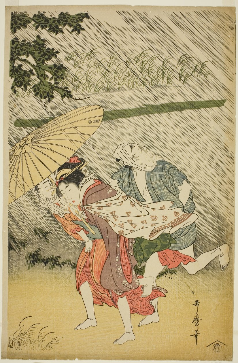 傘の下の恋人、1797年頃（色木版画;大判） 作： 北川歌ro