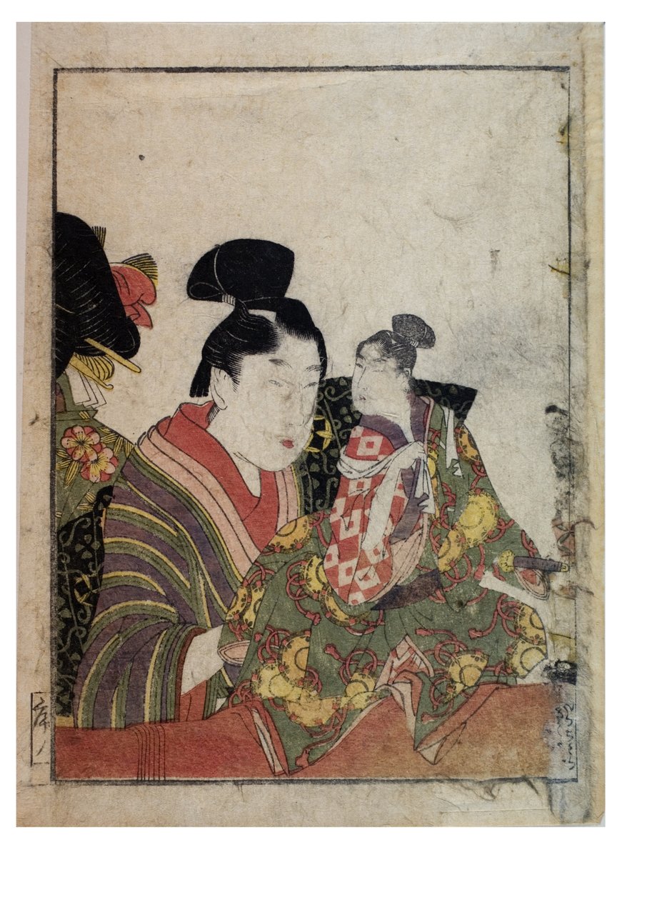 男性と女性のマニピュレーターによるマリオネットのシーン、c。 1758-1806年（紙に木版画） 作： 北川歌ro