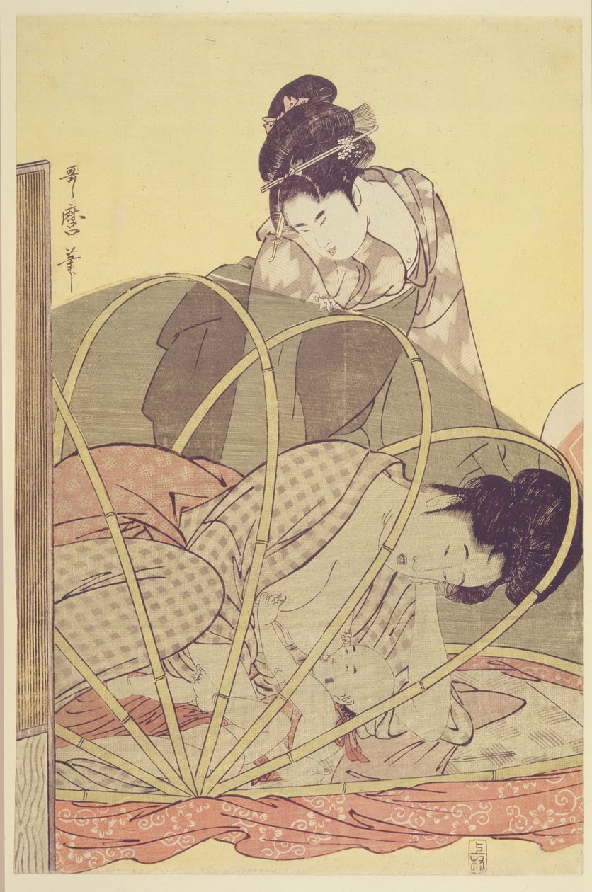 蚊帳の下での母親の乳児、c。 1795 作： 北川歌ro