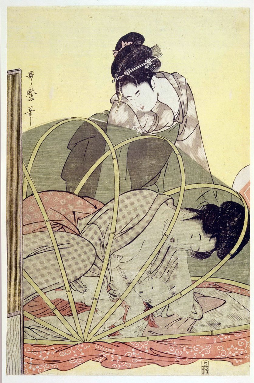 蚊帳の中で赤ん坊をあやす母親 par 歌麿、喜多川（1753-1806）、1795年頃 - カラー木版、37,6x24,6 - 個人蔵 作： 北川歌ro