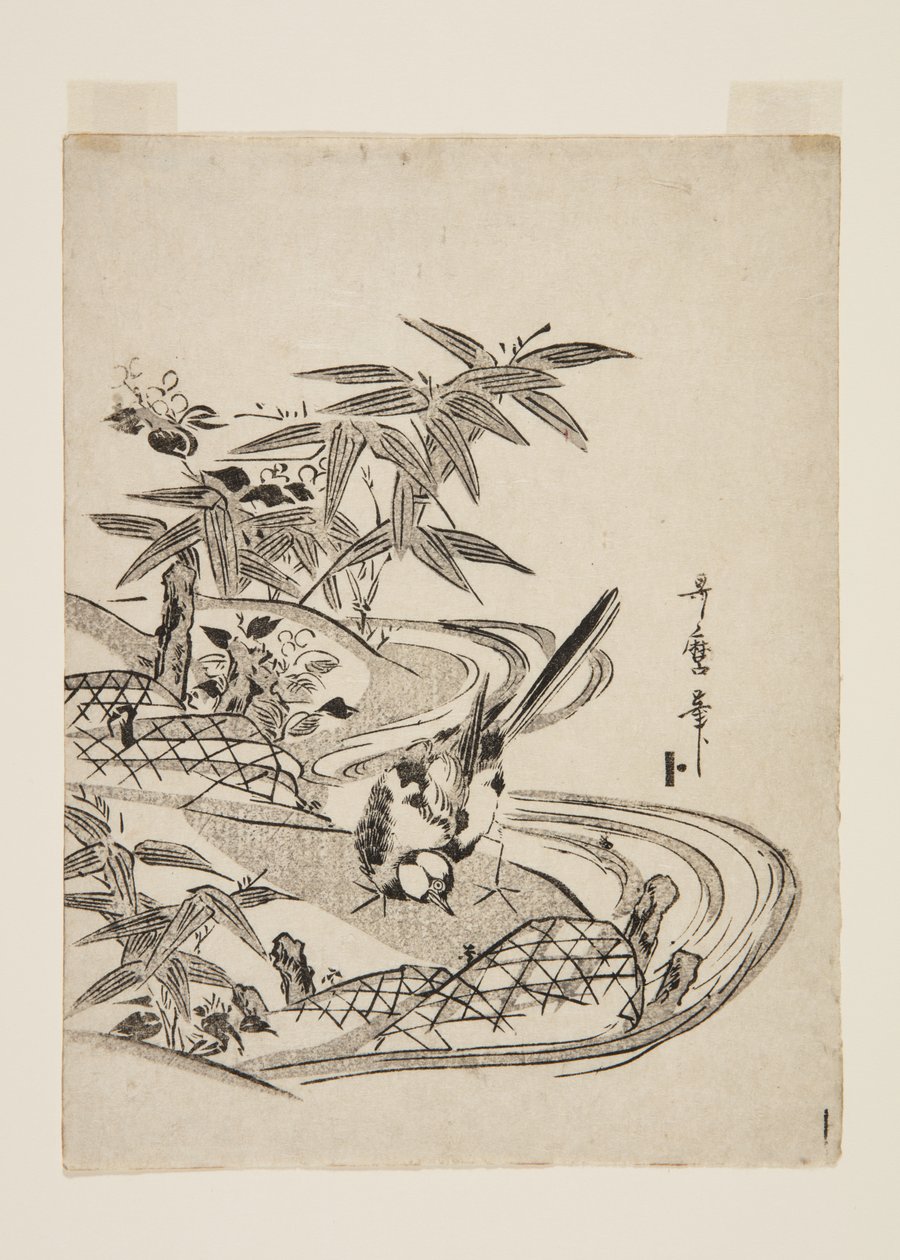 スズメ（カラー木版画 作： 北川歌ro