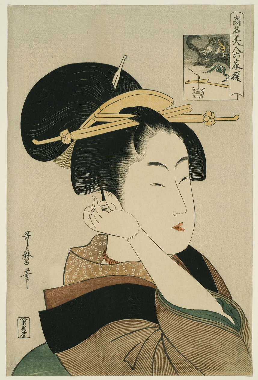 Tatsumi Roko, from the series “Renowned Beauties Likened to the Six Immortal Poets" ("Komei bijin rokkasen")   1278805   ja       japanese Successfully Translated  Original: The raised forearm of a woman Translat: The raised forearm of a woman 1284733 ja j 作： 北川歌ro