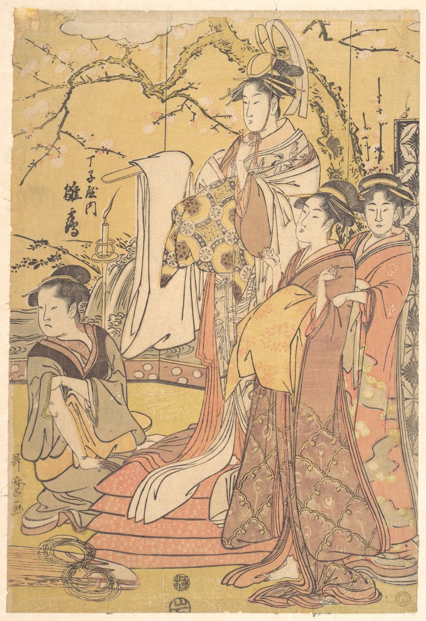布団の山に立つ長寿屋の花魁雛鶴 作： 北川歌ro