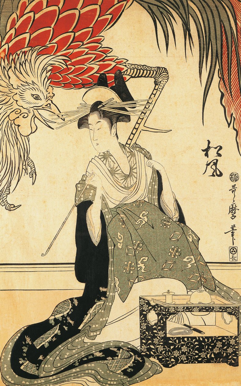 喜多川歌麿の「パイプを持つおいらん松竹」木版画 作： 北川歌ro