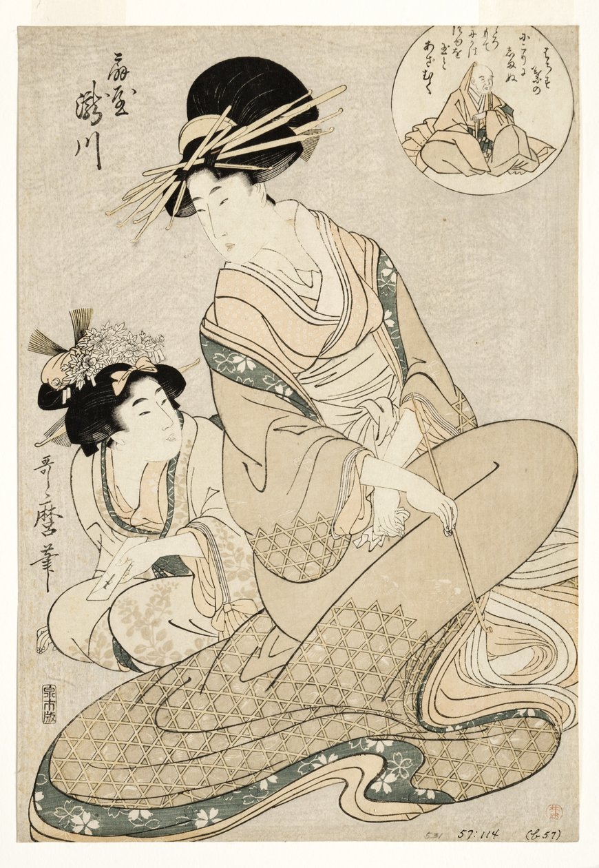 1800-02年（木版画）、詩人を暗示する扇屋の遊女滝川とその付き添い 作： 北川歌ro
