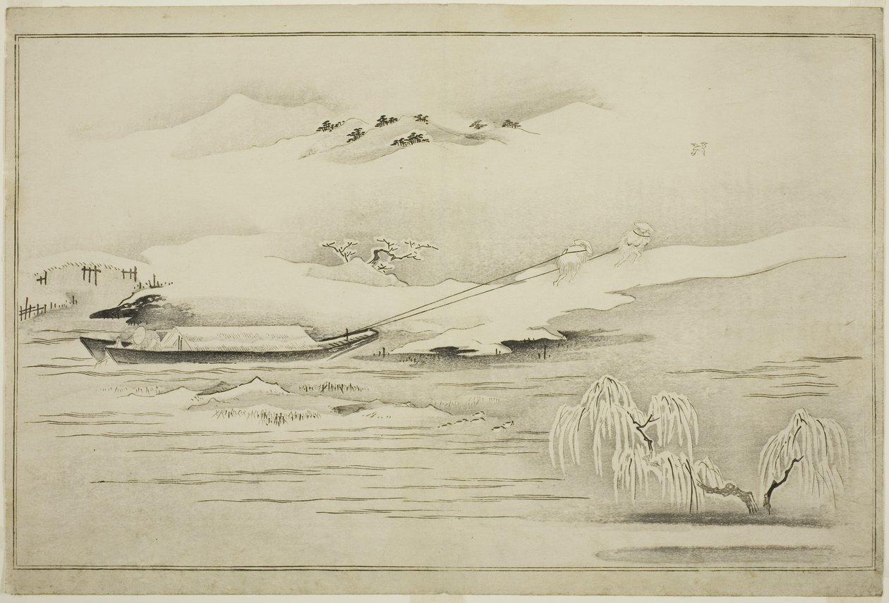 雪の中のはしけをけん引する、アルバム「シルバーワールド」、1790年 作： 北川歌ro