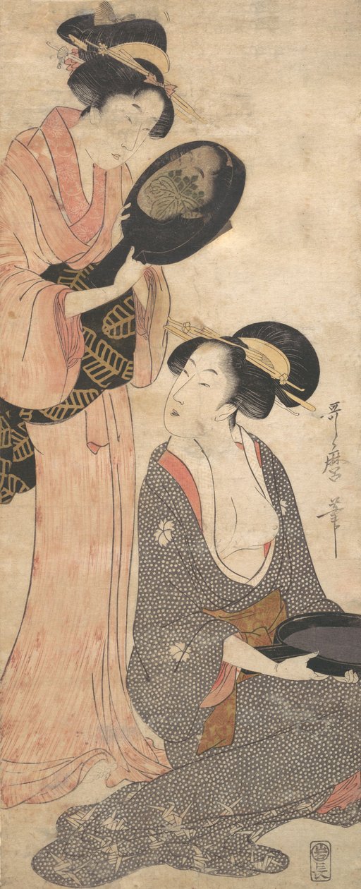 2人の女性がそれぞれ漆塗りの鏡の一部を持っている 1790年代 作： 北川歌ro