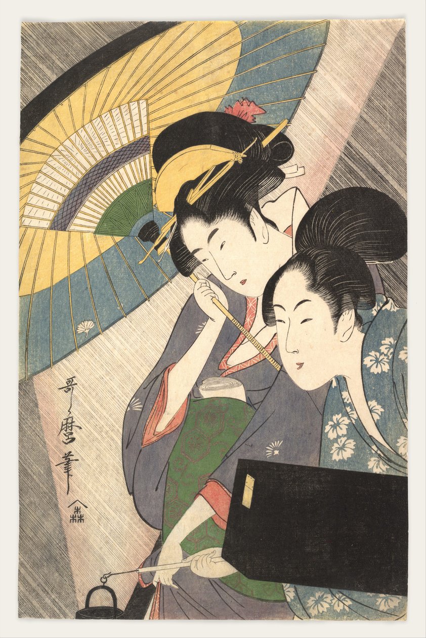 傘の下の2人の女性、1790年代 作： 北川歌ro