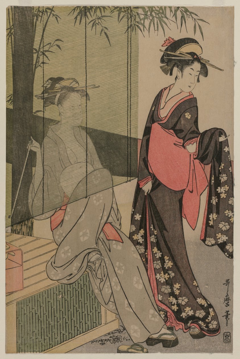 竹盲による二人の女性、c。 1797または1798。 作： 北川歌ro