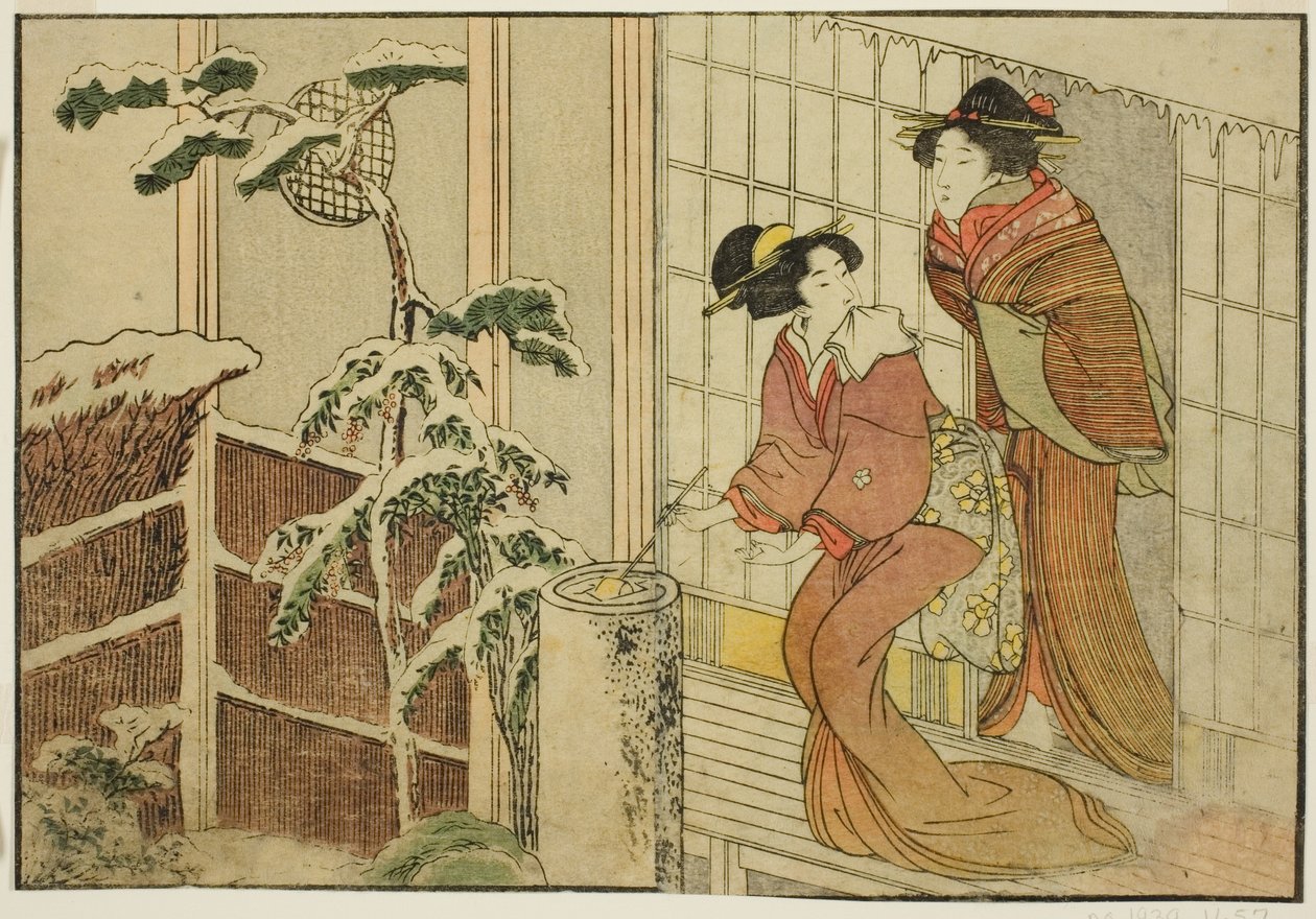 雪の朝、縁側の二人の女 挿絵集『絵本 四季の花』vol. 2 作： 北川歌ro