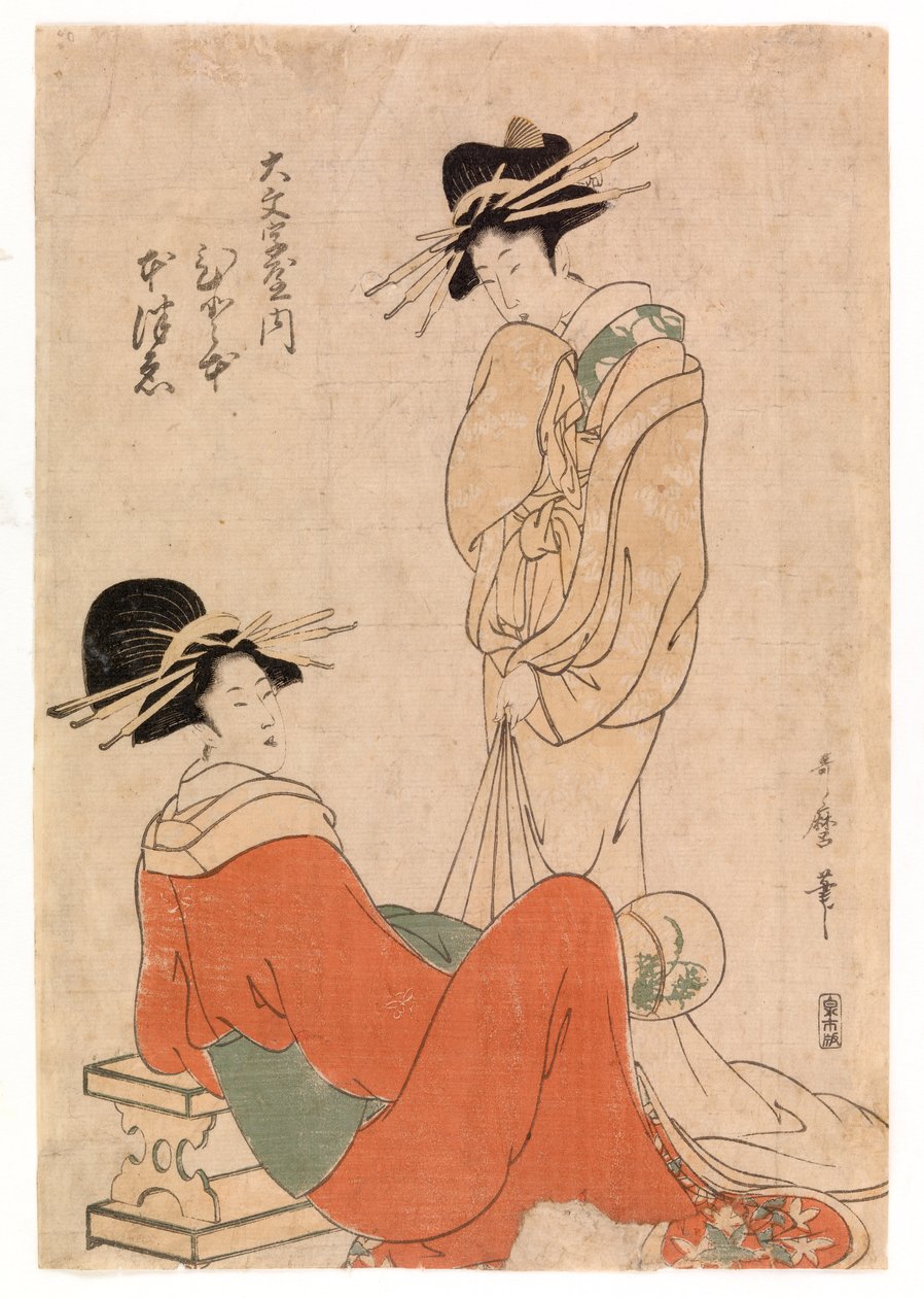 二人の花魁、1800-10年頃（カラー木版画） 作： 北川歌ro
