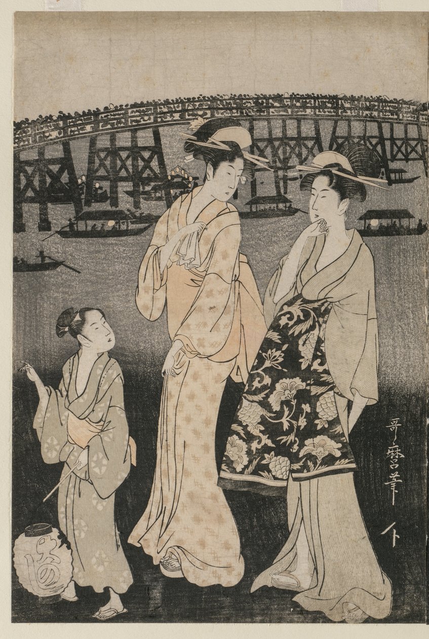 両国橋付近で夕涼みを楽しむ女性たち 作： 北川歌ro