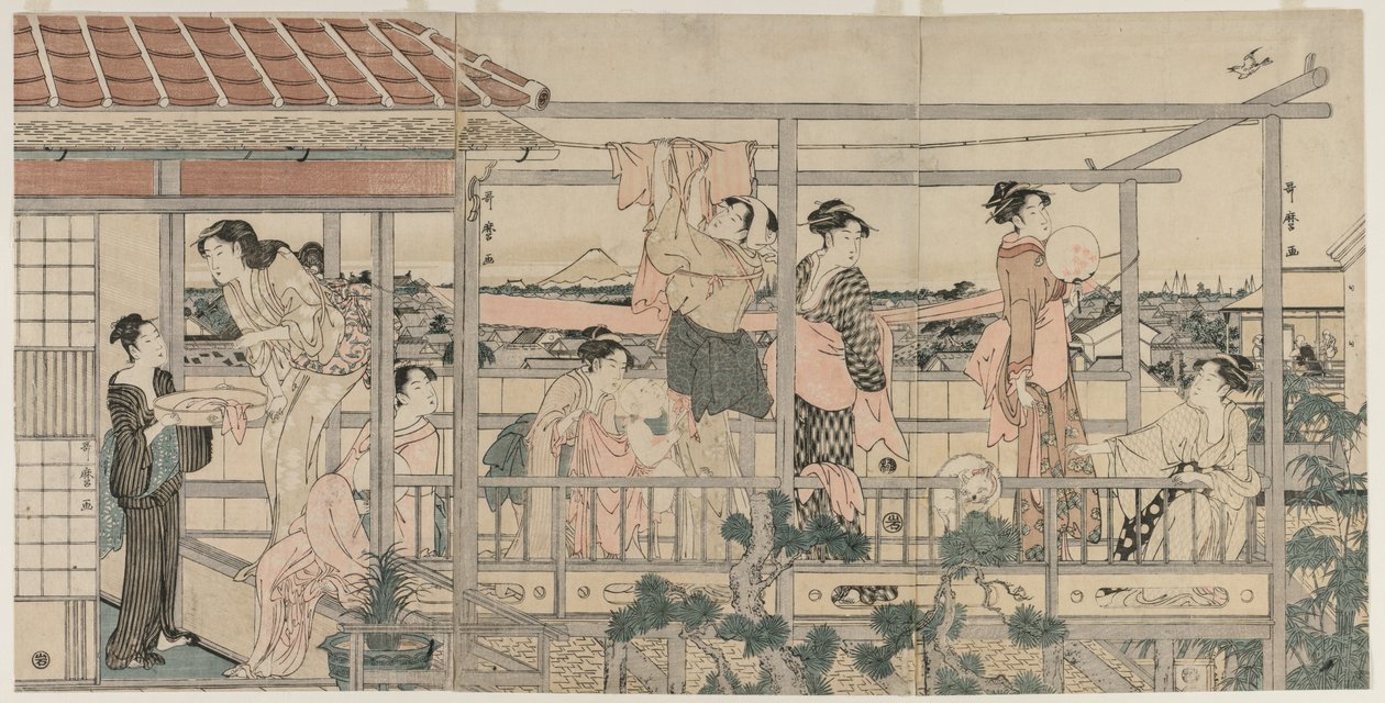 バルコニーで洗濯物を干す女性、1790年代初頭。 作： 北川歌ro