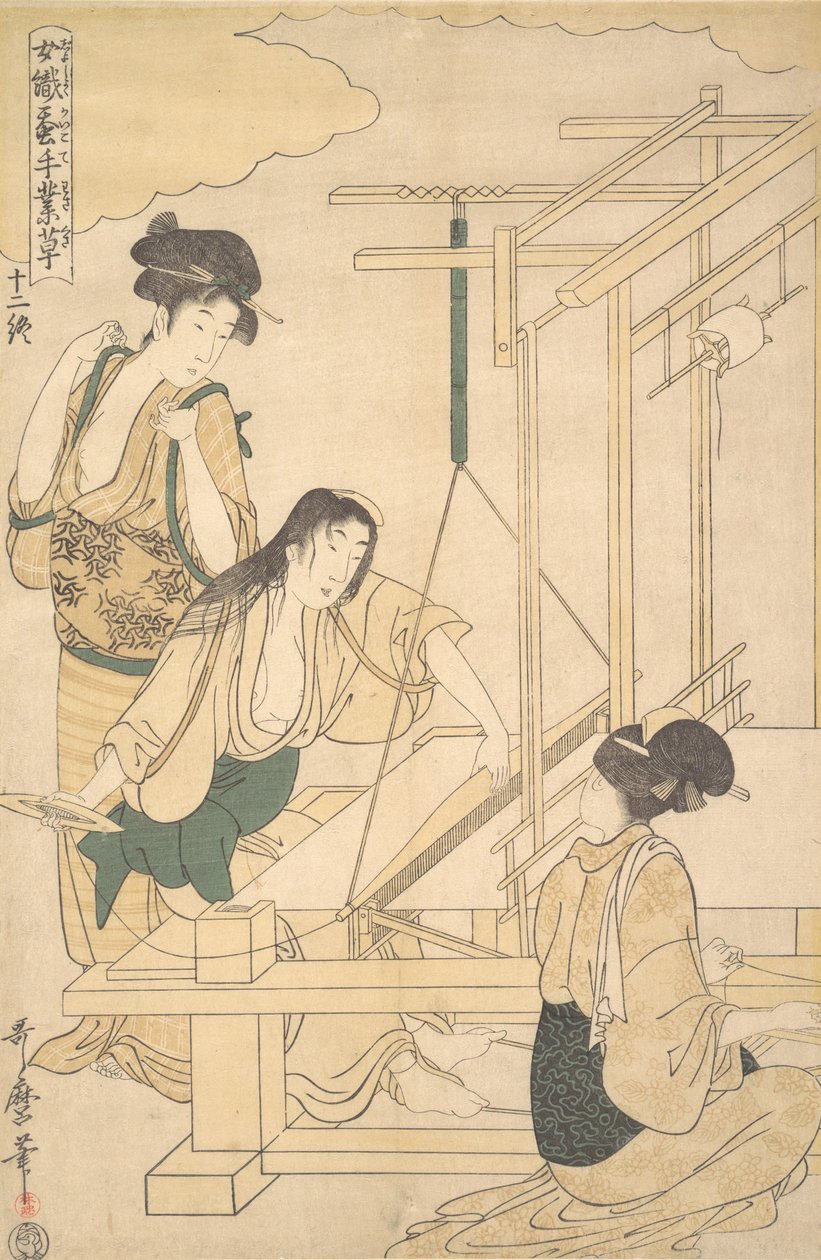 シルク布を織る女性、カリフォルニア州。 1800年。 作： 北川歌ro