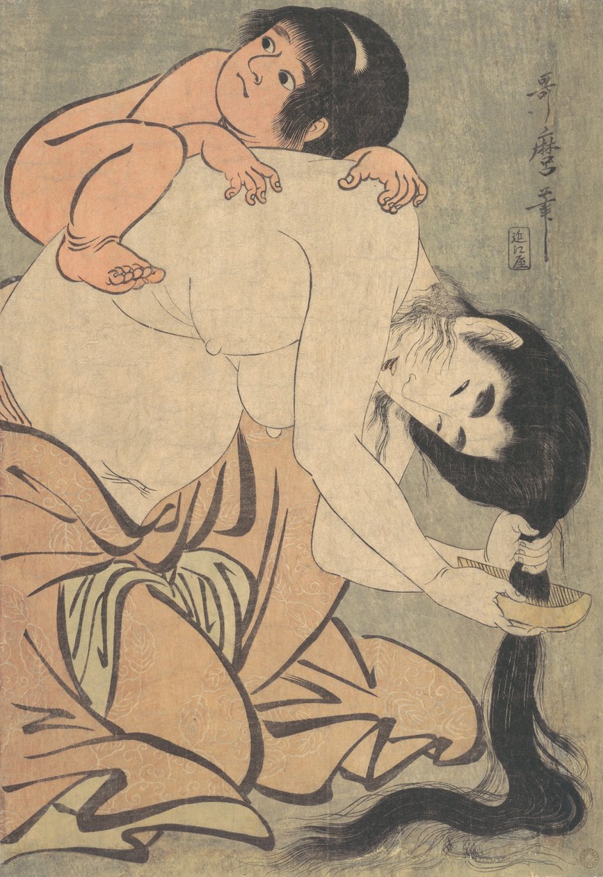 髪を梳く山姥と金時 1801年。 作： 北川歌ro
