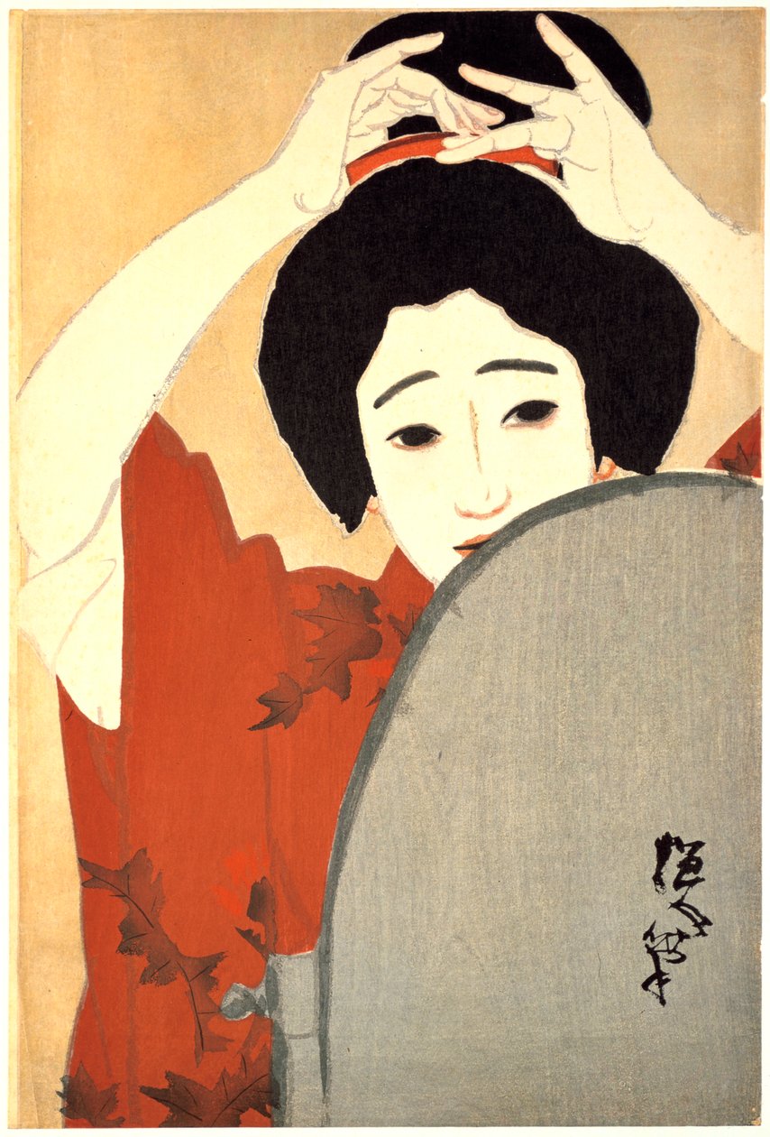 鏡の前で髪を整える女」1930年 作： 北野恒人