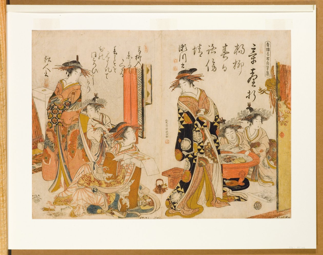 プレジャークォーターの有名な遊女の書道、1784年（版画） 作： 北尾正信