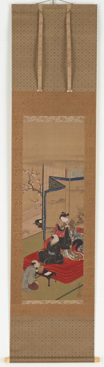 男の着付けを手伝う花魁 江戸時代・18世紀中頃～19世紀初頭 作： 北尾重政