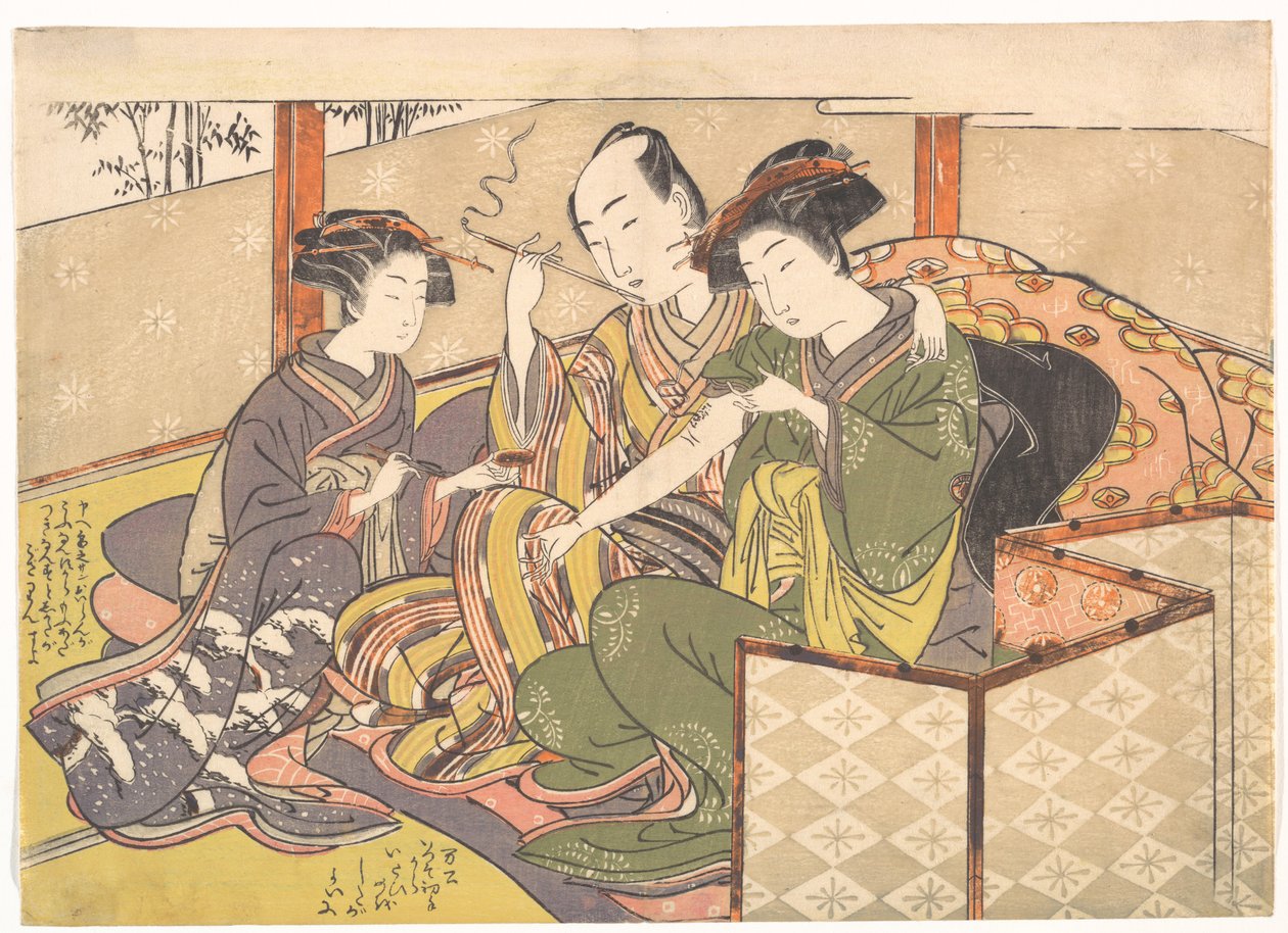芸者の腕に薬を塗る女中 作： 北尾重政