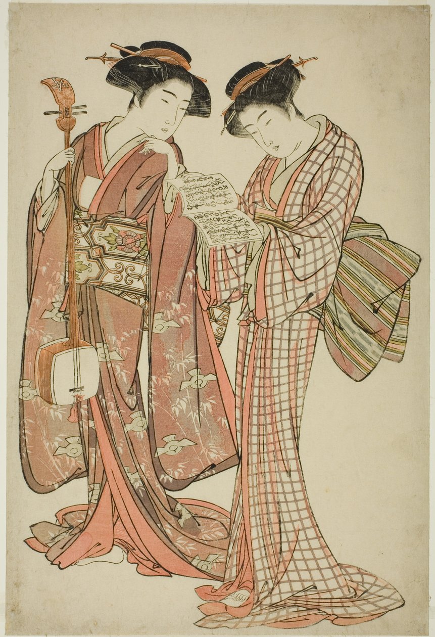 三味線と歌集を持った二人の芸妓 作： 北尾重政