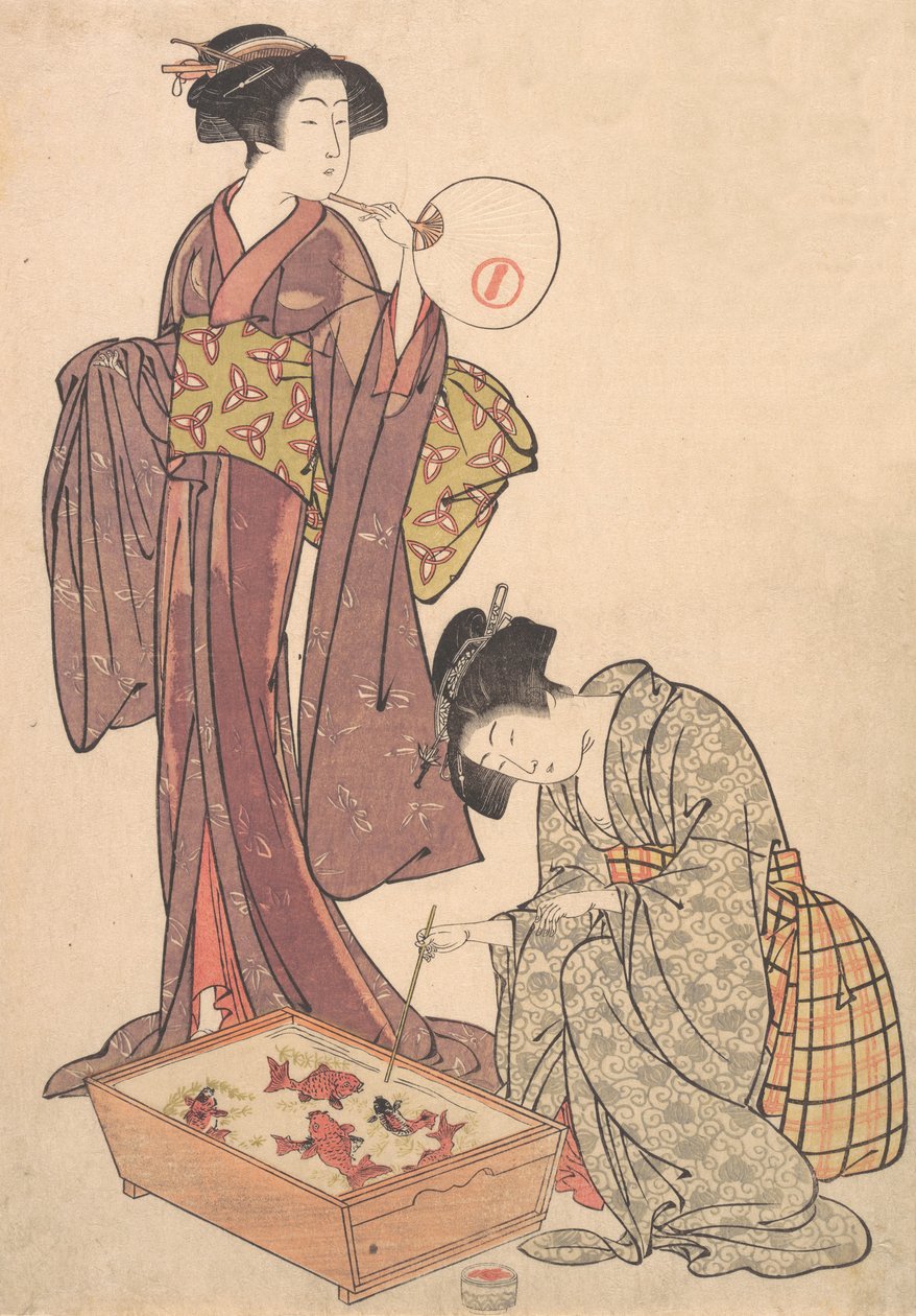 魚に餌をやる 2 人の女性、1739 年～1820 年。 作： 北尾重政