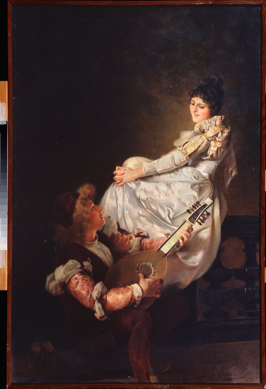 愛の歌 (愛の歌) - Klavdi Stepanovich Stepanov (1854-1910) による絵画、キャンバスに油彩 作： クラヴディ・ペトロヴィッチ・ステパノフ