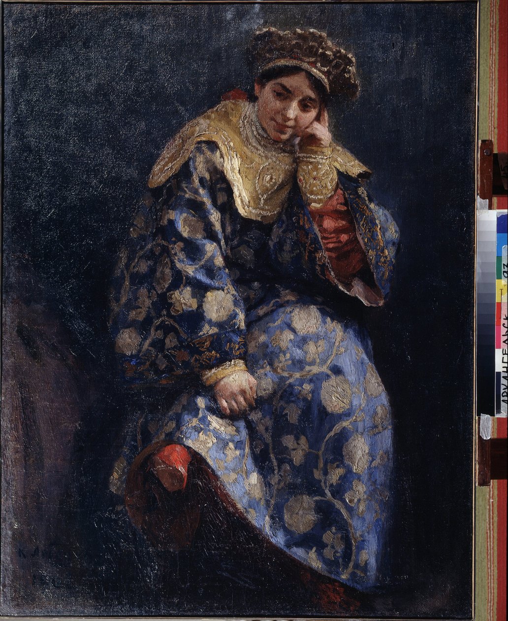 ボヤールの娘（Boiard、boiar）（ボヤールの娘）。 1598 年から 1613 年にかけてのトラブルの時代の、伝統的なロシアの若い貴婦人の肖像画。Klavdi Vasilyevich Lebedev (1852-1916) による絵画、キャンバスに油彩 作： クラヴディ・ヴァシリエビッチ・レベデフ