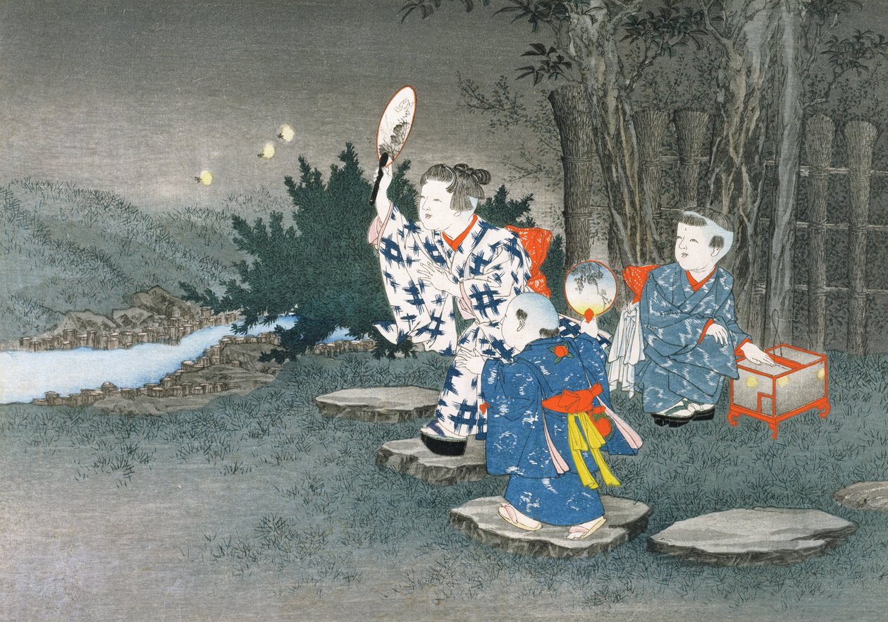 シリーズ「子供用ゲーム」のホタルの捕獲、1888年（カラー木版画） 作： 小林栄策