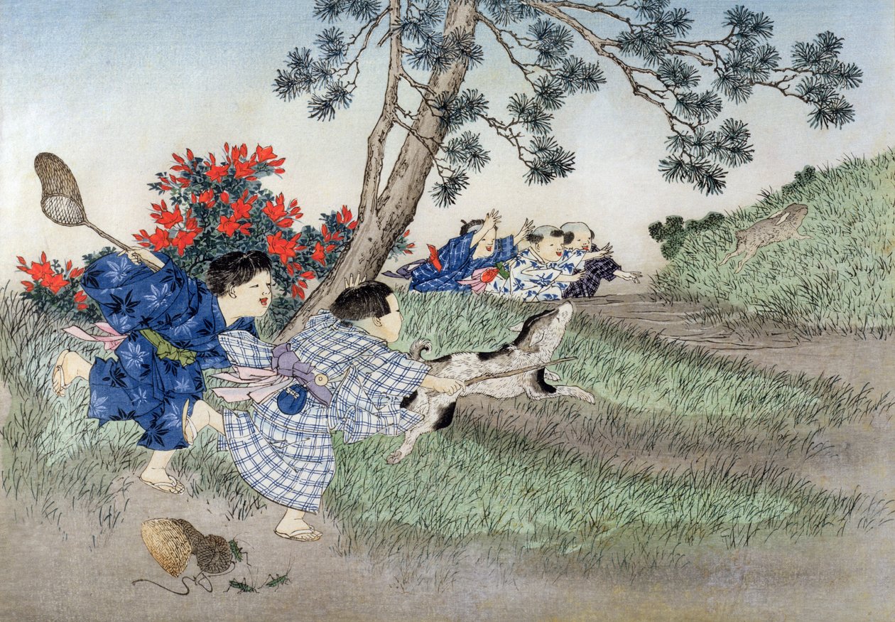 シリーズ「子供用ゲーム」のウサギを追いかける、1888年（カラーの木版画） 作： 小林栄策