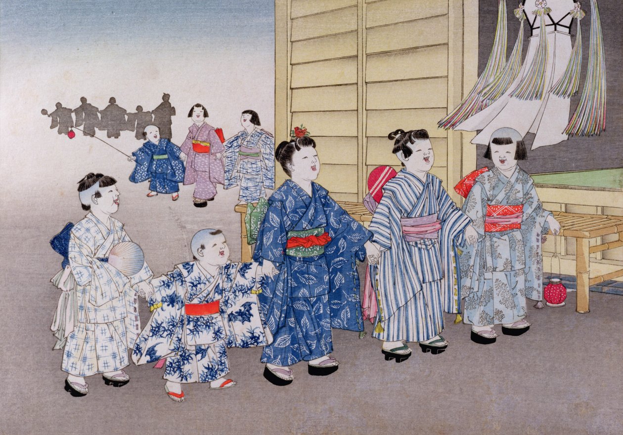 シリーズ「子供用ゲーム」のO-Bonフェスティバル、1888年（色の木版画） 作： 小林栄策