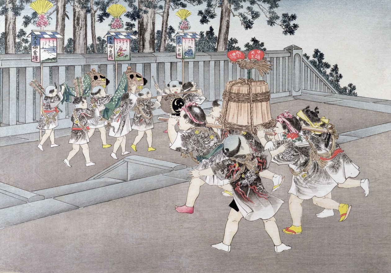 シリーズ「子供用ゲーム」からの神社祭行列、1888年（色の木版画） 作： 小林栄策