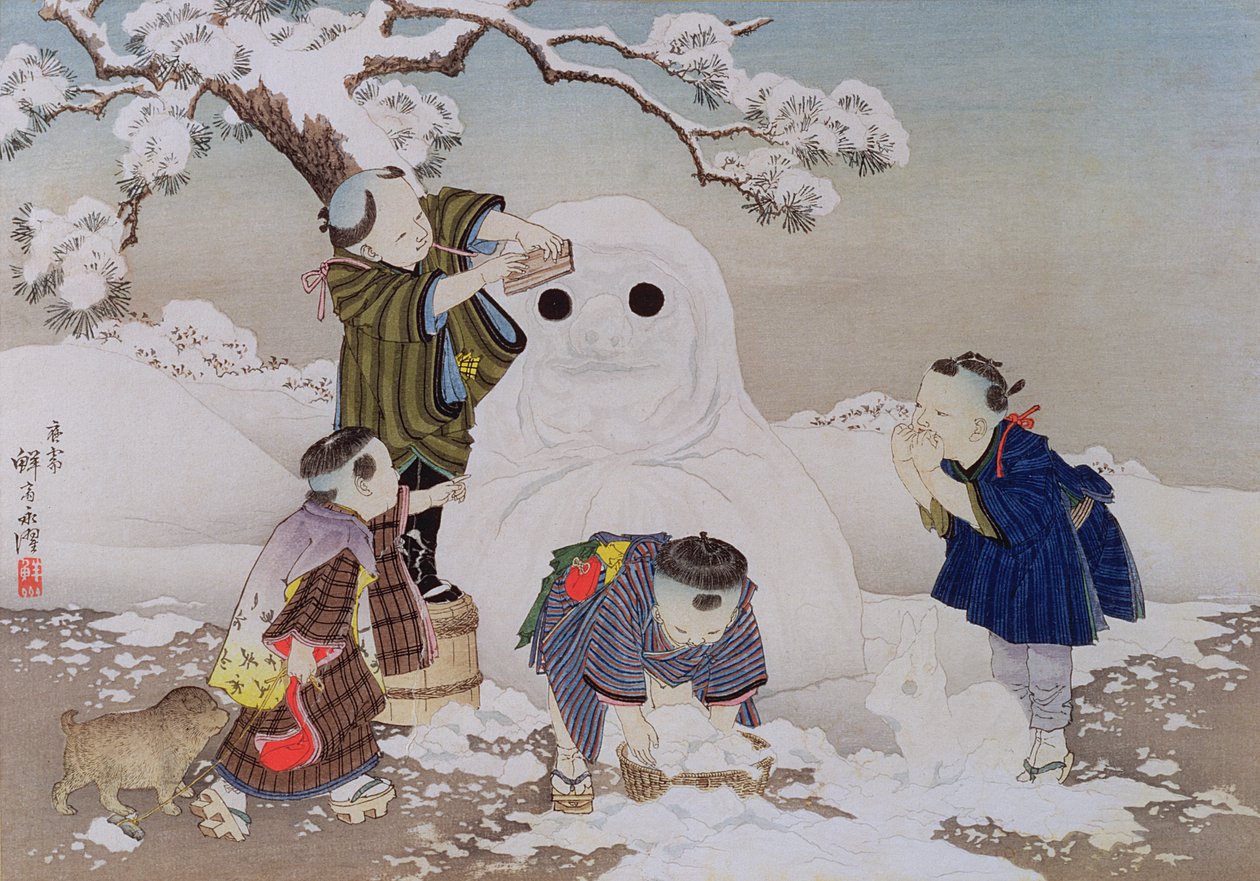 「子供用ゲーム」シリーズの雪だるま、1888年（色の木版画） 作： 小林栄策