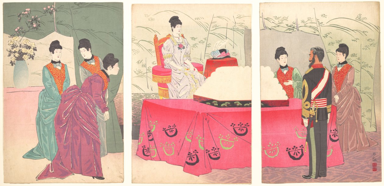 皇后陛下が参謀本部を訪問された際のイラスト（トレイを贈るため）、1895年。 作： 小林清親