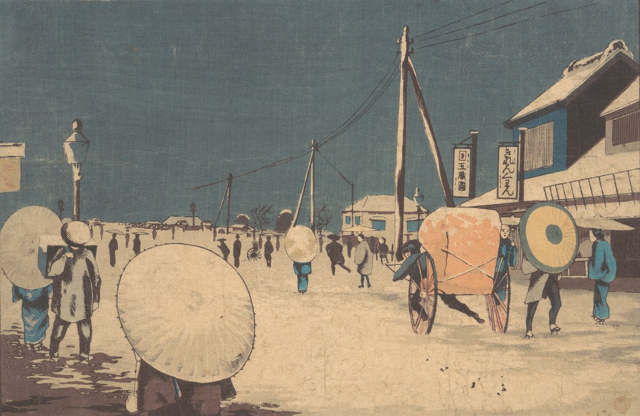 冬の夕方の江戸郊外の街並み。 1878年。 作： 小林清親