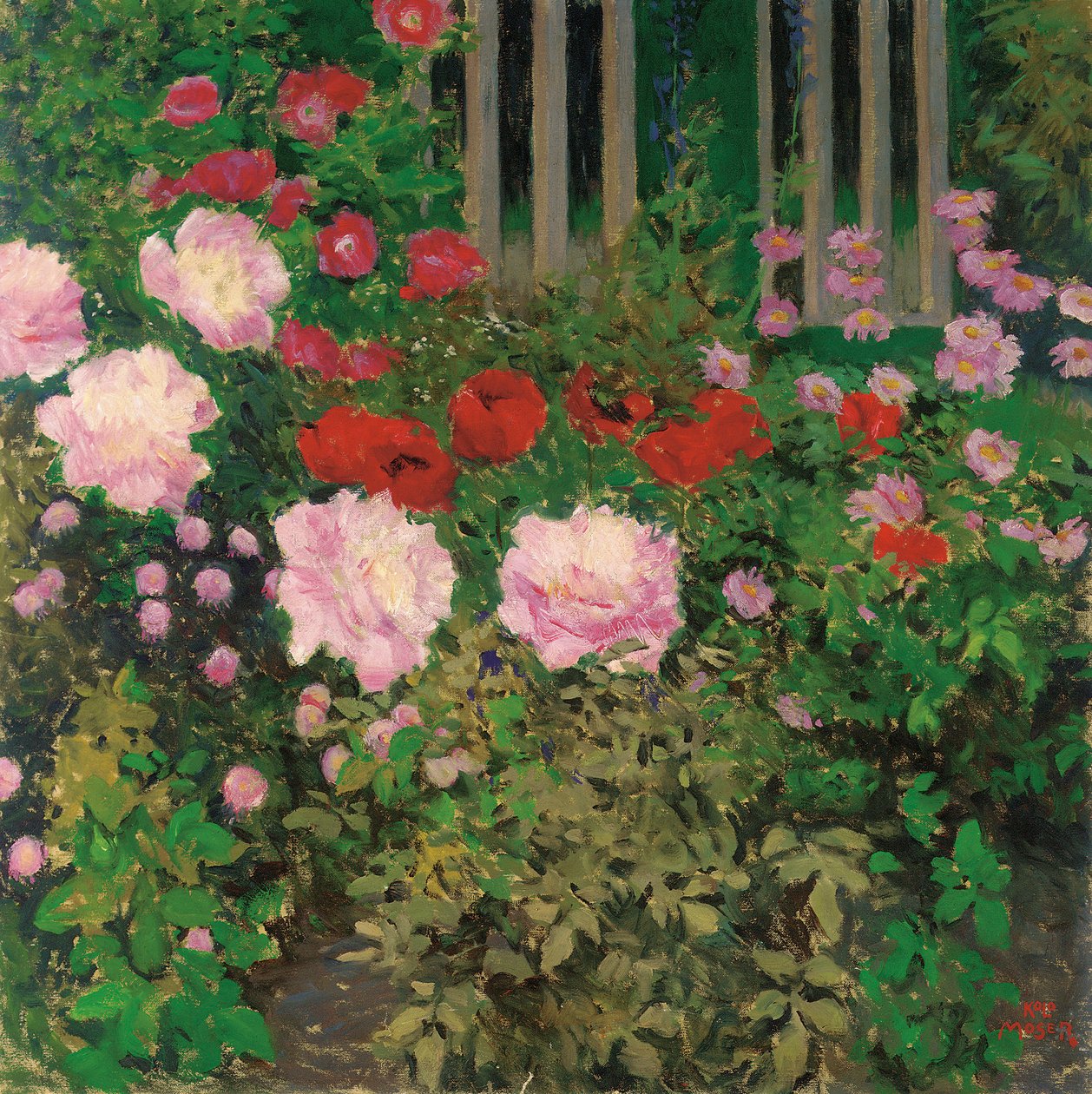 花と庭のフェンス。庭のフェンスに咲く花 作： コロマンモーザー