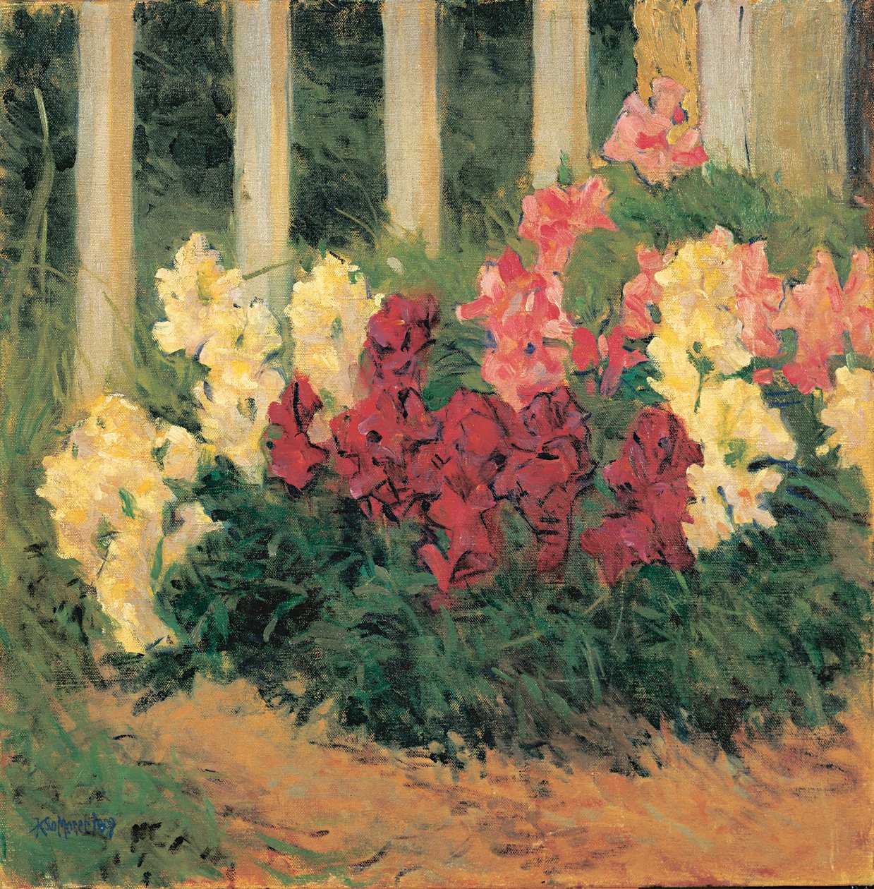 庭の柵の前の花たち...（油彩・キャンバス） 作： コロマンモーザー