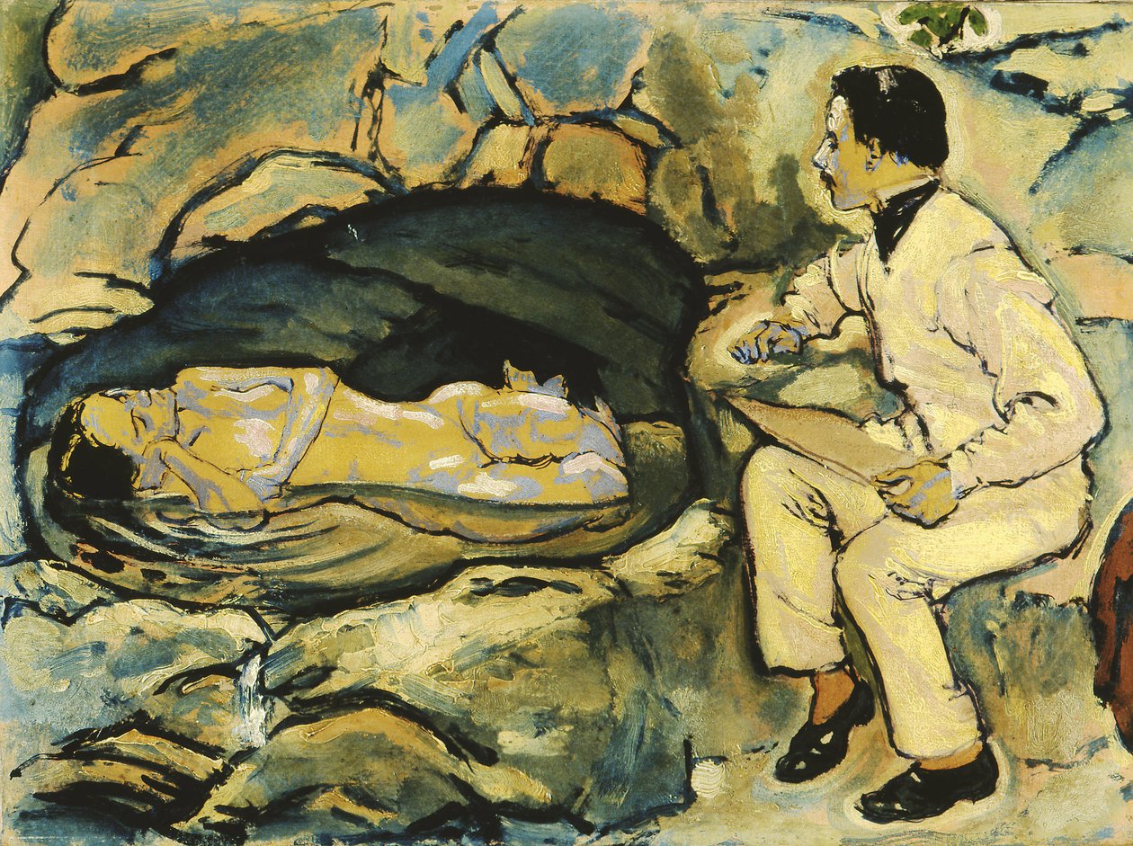 1914年、岩の洞窟で人魚を描いた自画像。 作： コロマンモーザー