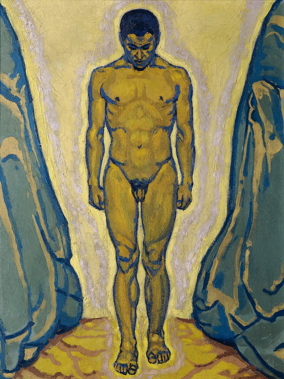 岩の間に立っている男性の裸体、c. 1915年。 作： コロマンモーザー