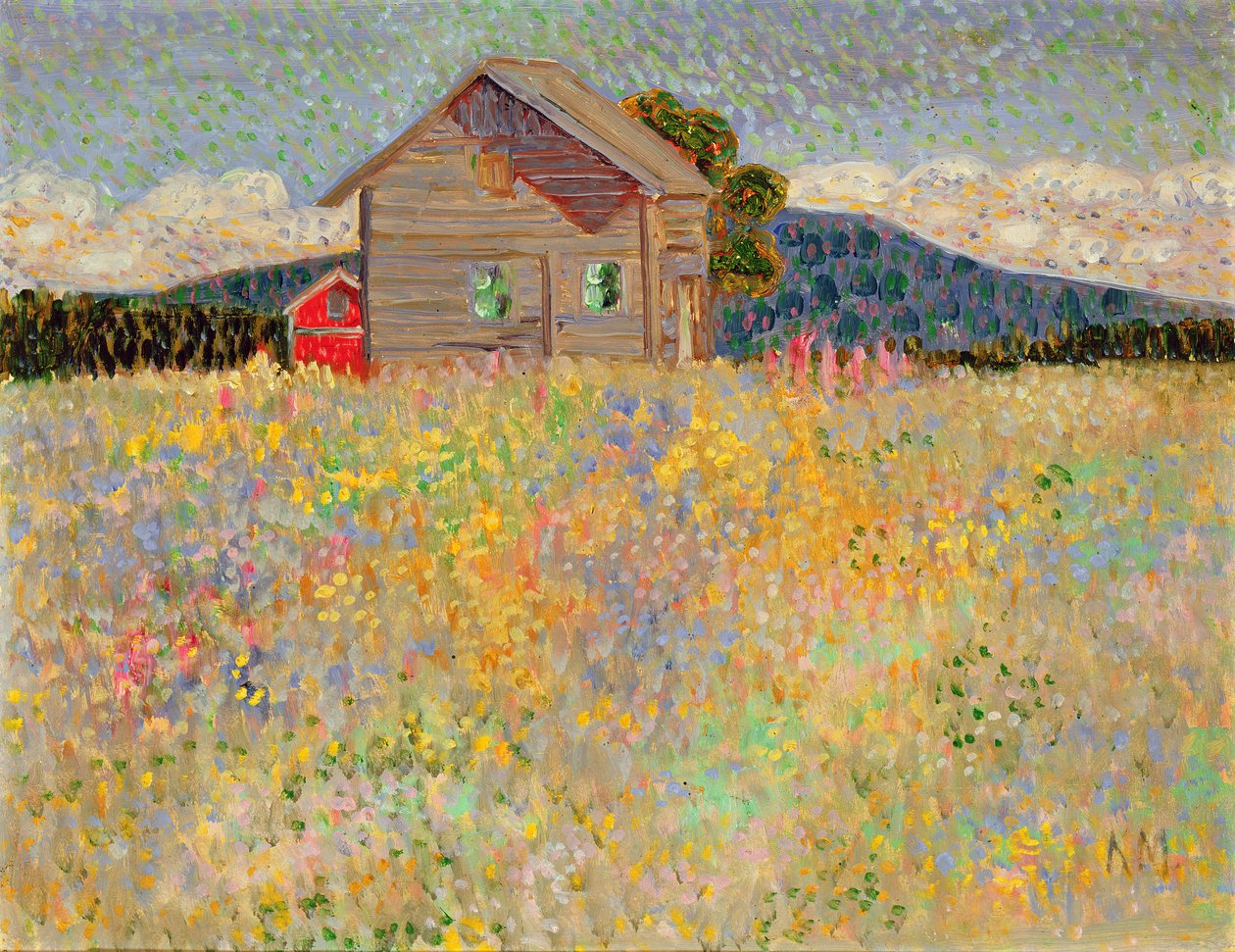 開花草原の小さな木造家屋、1909年頃（ペーストボードに油彩） 作： コンラッド・マギ