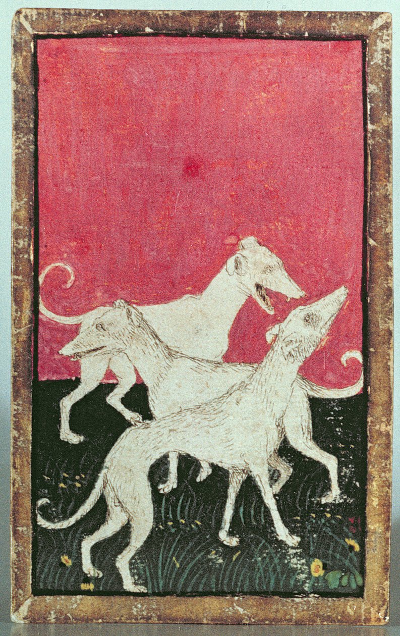 3匹の狩猟犬、法廷鷹のシーンを描いたトランプセットの1つ、アッパーラインアレ、c.1440-45（ペンとインク、トイレ）（87698、88300、88302-04も参照） 作： コンラッド・ジッツ