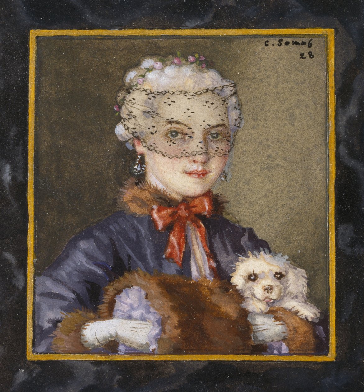 Lady with a Dog、1928（白い紙の架空のフレームを囲む黒いインクで描かれた枠内のボディカラー） 作： コンスタンチンアンドリービッチソモフ