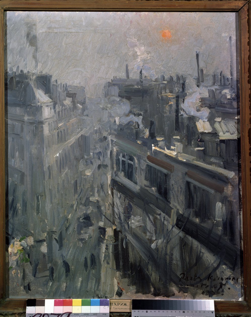 パリ（フランス）（パリ）。 秋の朝、大通りモンマルトルのファサードの眺め。 Konstantin Alexeyevich Korovin（Constantin Korovin）（1861-1939）による絵画、キャンバスに油彩 作： コンスタンチン・アレクゼーヴィッチ・コロヴィン