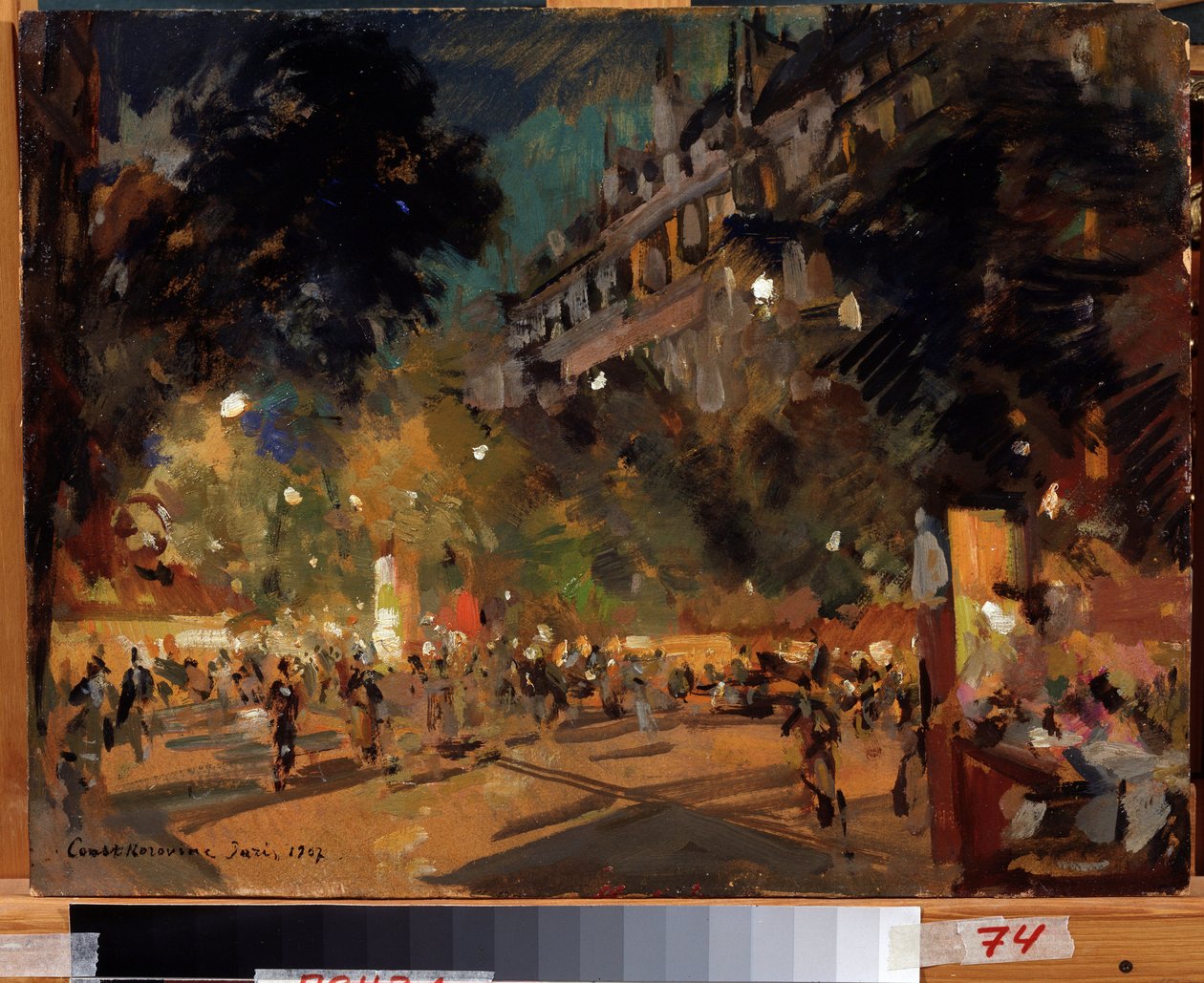 パリ、フランス (パリ)。 夏の夜のモンマルトル大通りとそのアニメーションの説明。 Konstantin Alexeyevich Korovin（Constantin Korovin）（1861-1939）による絵画、キャンバスに油彩 作： コンスタンチン・アレクゼーヴィッチ・コロヴィン