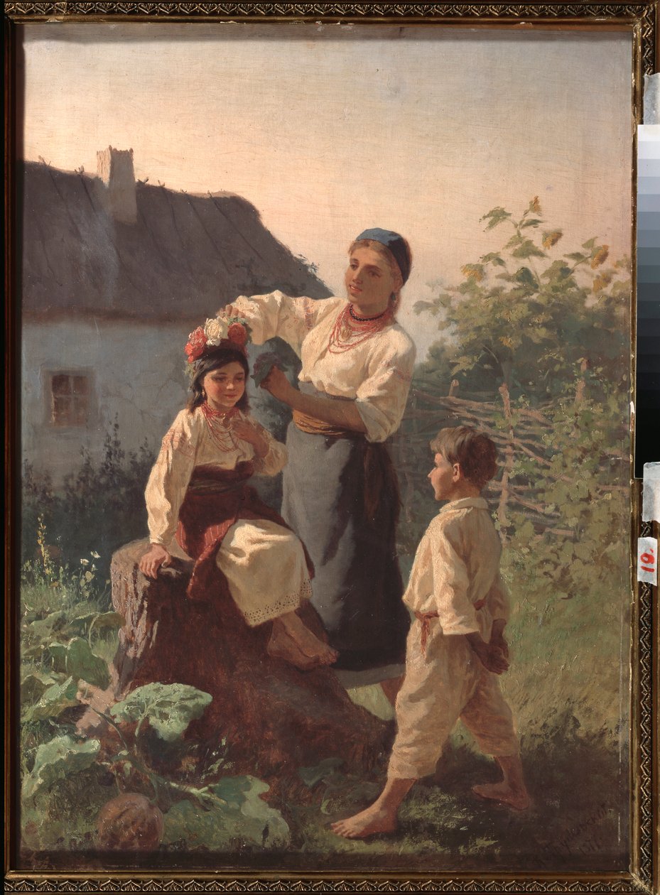 花輪を結ぶ - Konstantin Alexandrovich Trutovsky (Troutovsky) (1826-1893) による絵画、キャンバスに油彩 作： コンスタンチン・アレクサンドロヴィッチ・トルトフスキー
