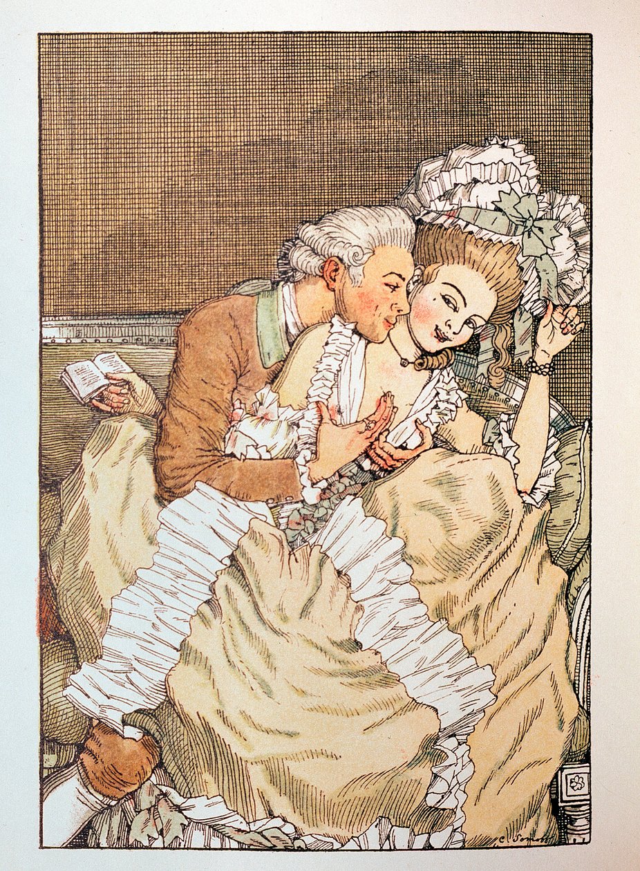 Franz Bleiによる「Le Livre de la Marquise」のイラスト（Franz BleiによるMarquiseの本のイラスト）（せっかちな恋人と冗談を言う侯爵夫人） - Konstantin（Constantin）Andreyevich Somov（1869-1939）による作品、エッチング 作： コンスタンチンアンドリービッチソモフ
